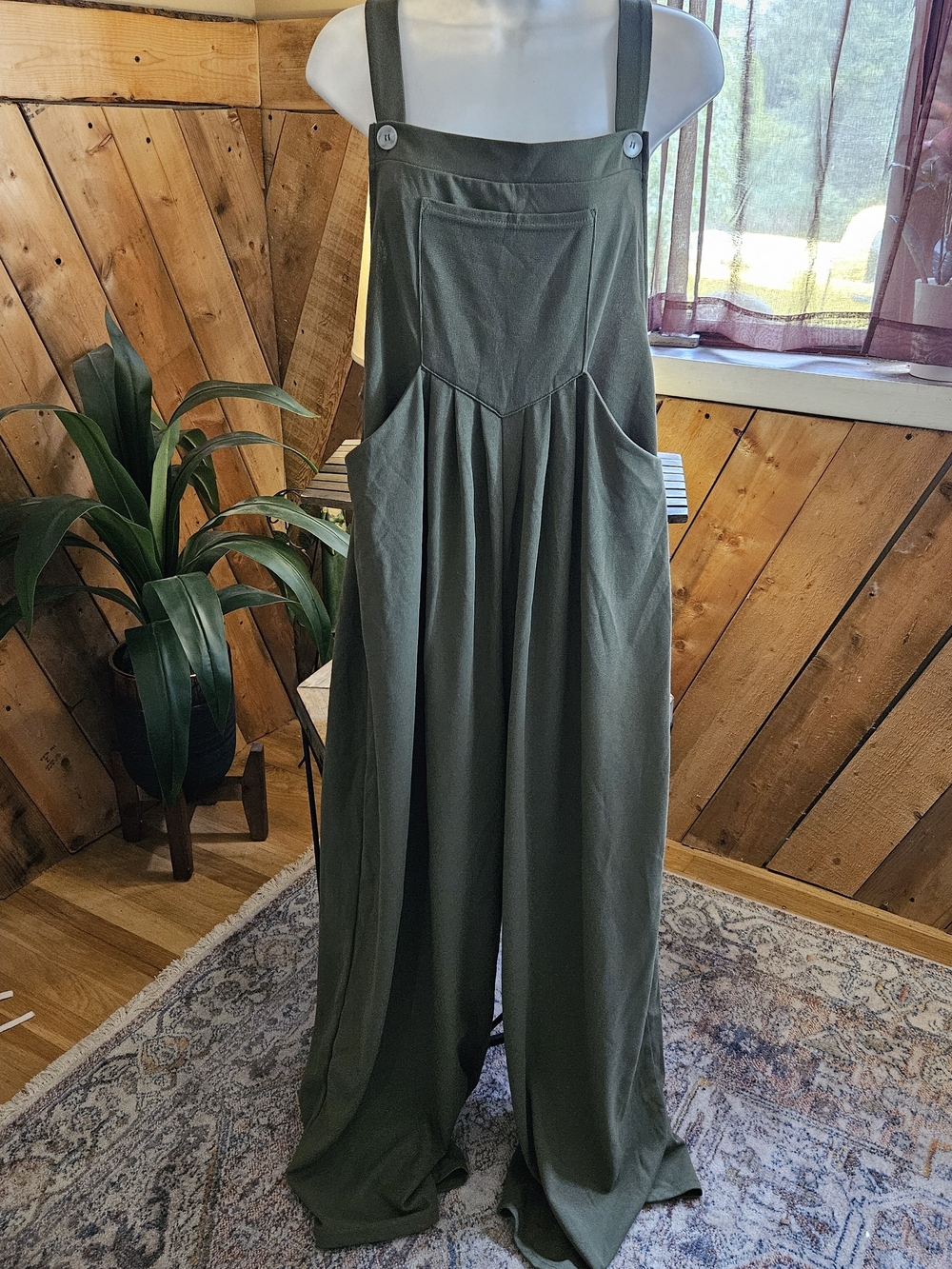 NWT HALARA Olive Green Waffle Knit Wide-Leg Jumpsuit Overalls Size L Minimalist - Picture 2 of 8